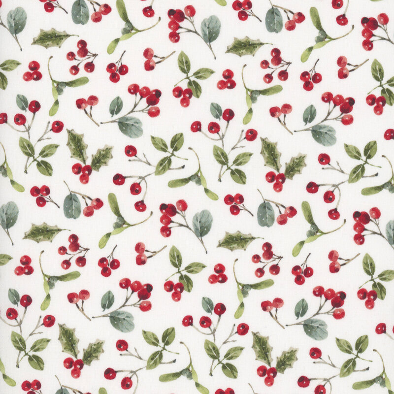 A cream fabric scattered with red berries and green leaves. 