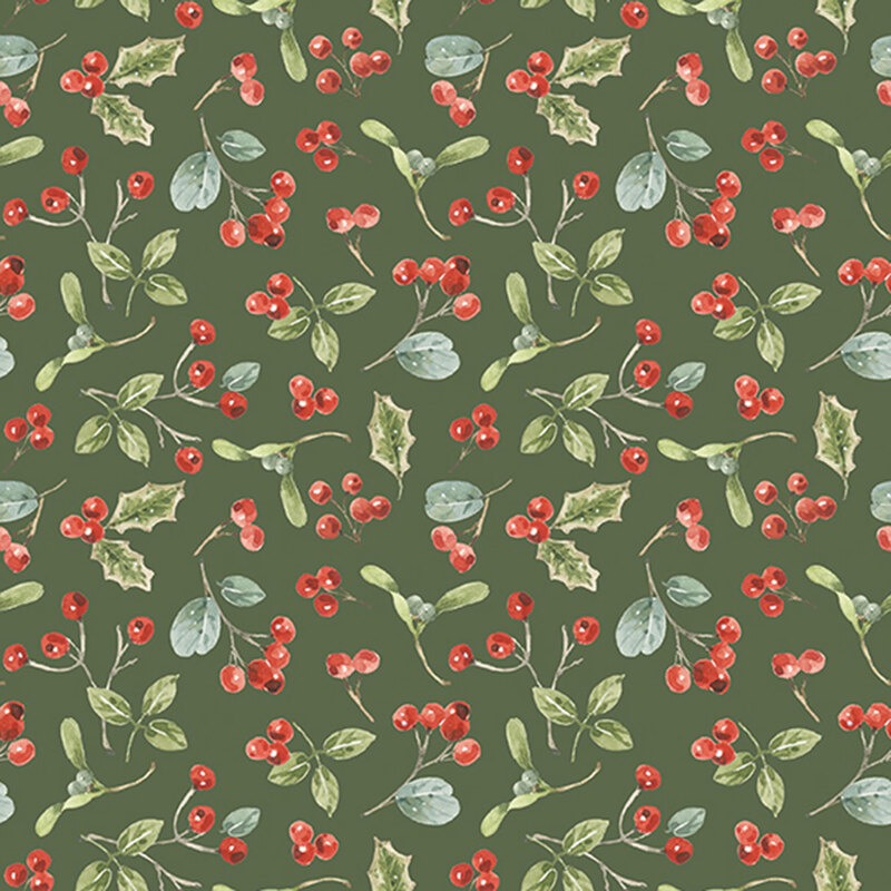 A green fabric scattered with red berries and green leaves. 