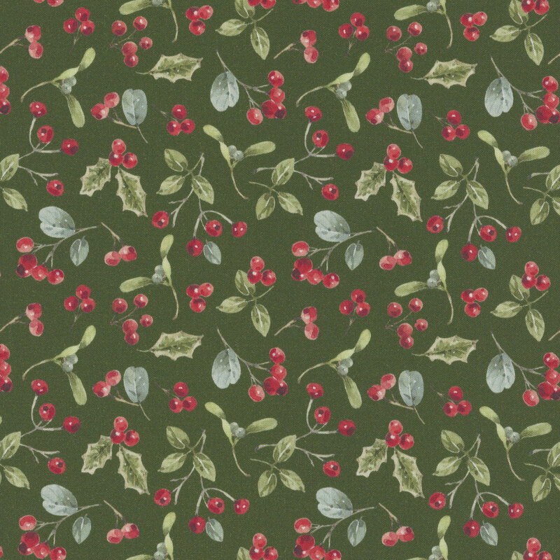 A green fabric scattered with red berries and green leaves. 