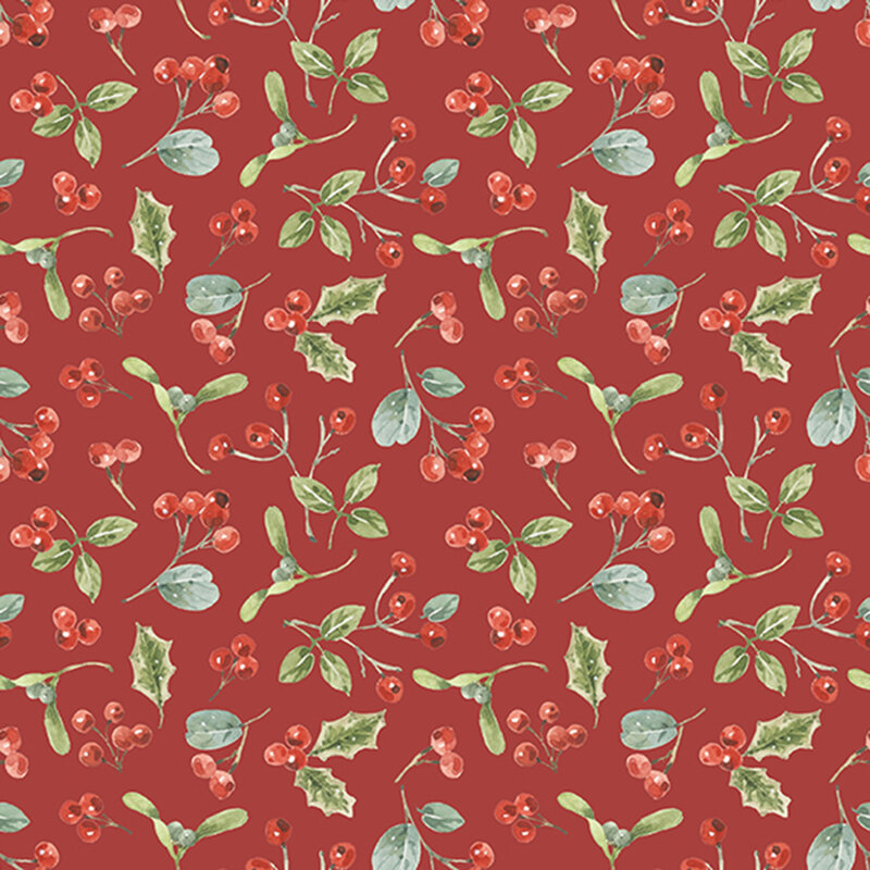 A red fabric scattered with red berries and green leaves. 