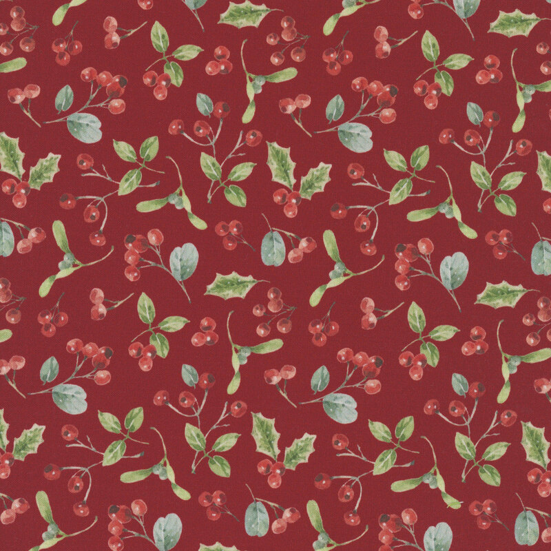 A red fabric scattered with red berries and green leaves. 