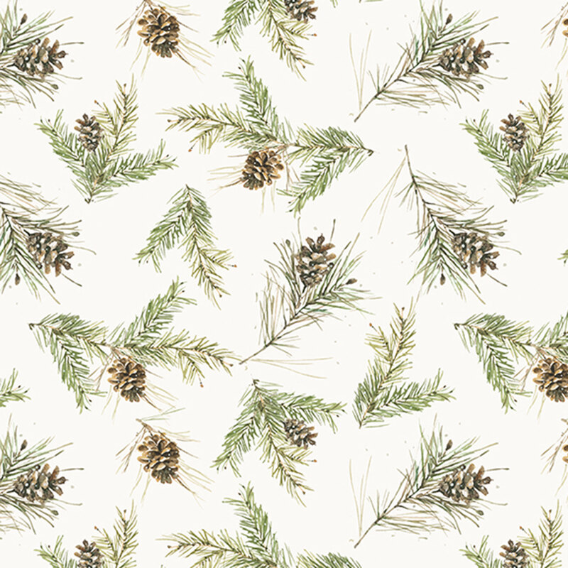 A white fabric with scattered realistic branches and pinecones. 