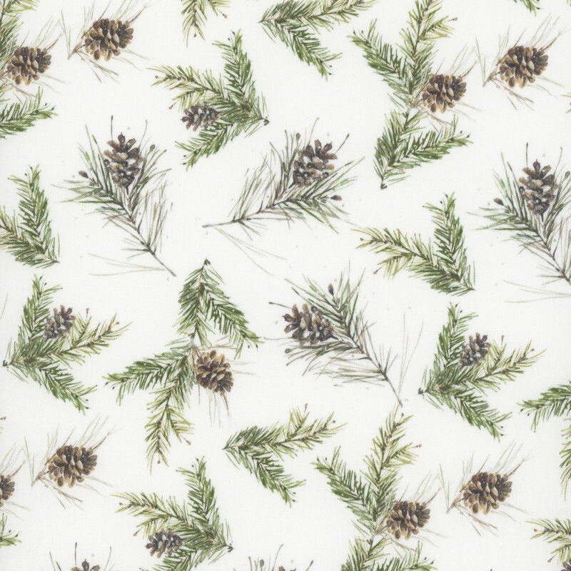 A white fabric with scattered realistic branches and pinecones. 
