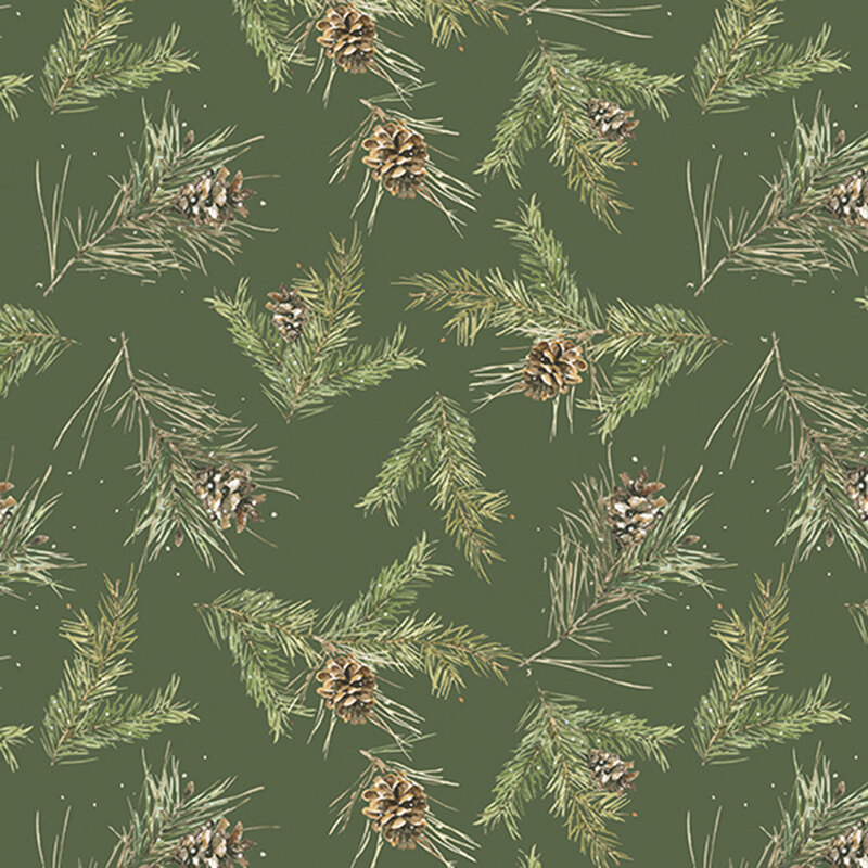 A green fabric with scattered realistic branches and pinecones. 