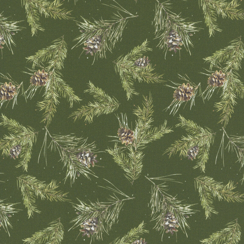 A green fabric with scattered realistic branches and pinecones. 