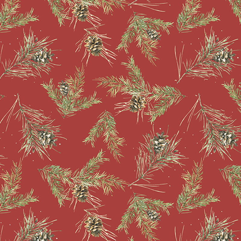 A red fabric with scattered realistic branches and pinecones. 