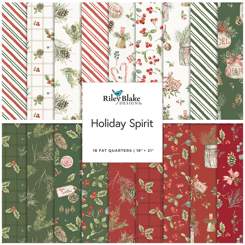 A fat quarter fabric collage featuring festive red, green and white prints from the collection Holiday Spirit by Riley Blake Designs. 