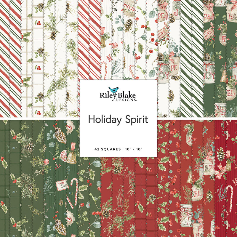 A fabric collage featuring festive red, green and white prints from the collection Holiday Spirit by Riley Blake Designs. 