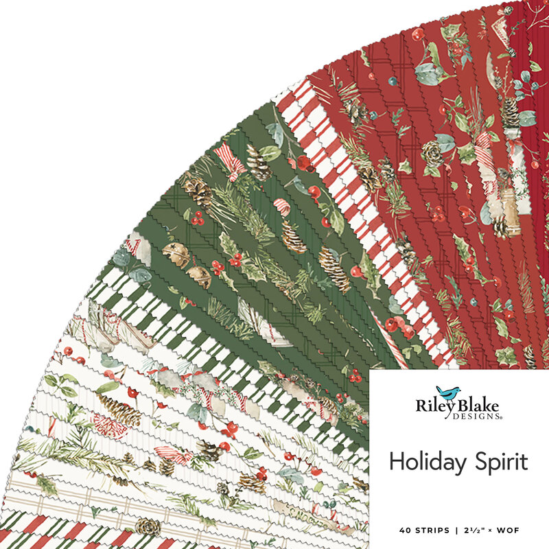 A fanned fabric collage featuring festive red, green and white prints from the collection Holiday Spirit by Riley Blake Designs. 