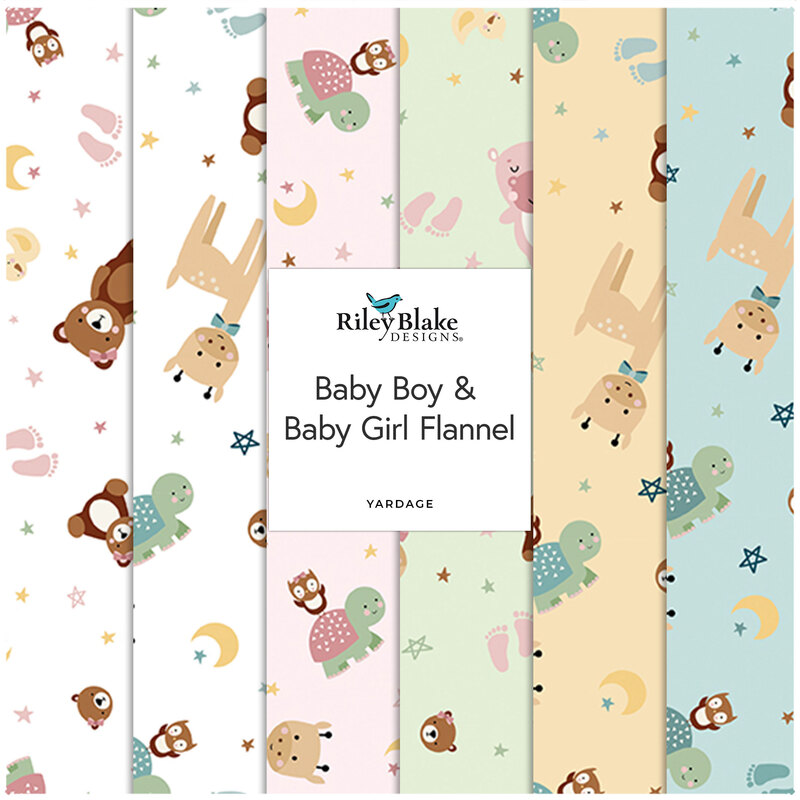 A fabric collage featuring pastel baby fabrics from the collection Baby Boy & Baby Girl Flannel. 