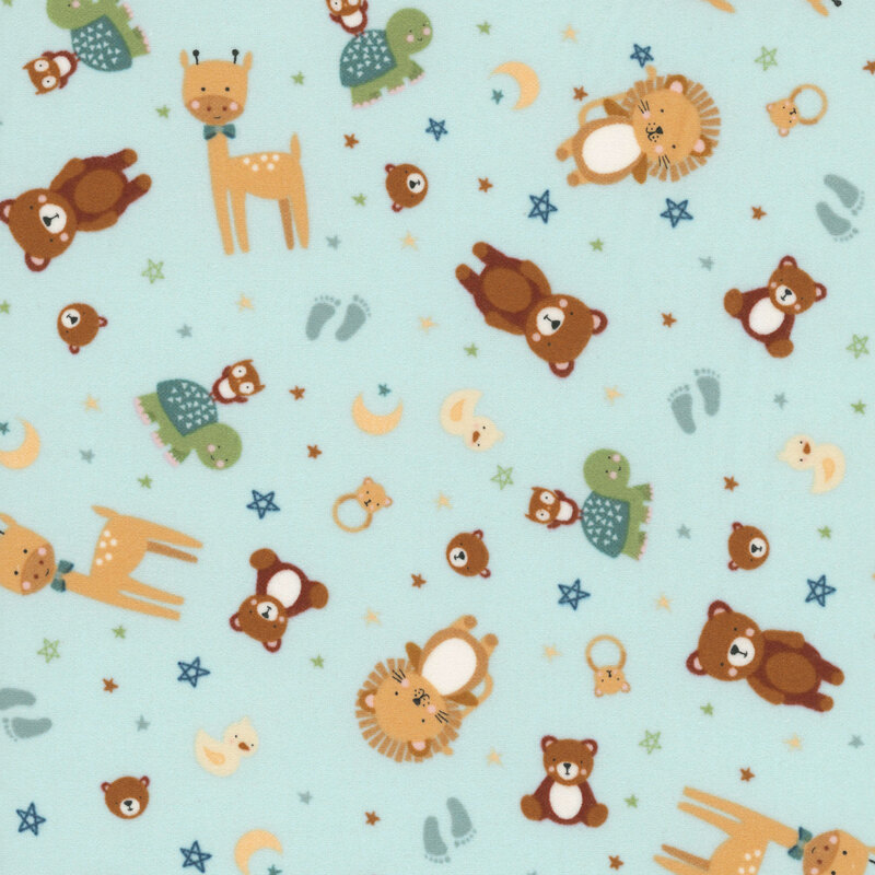 A baby blue fabric featuring tossed stylized animals, including teddy bears, lions, giraffes, turtles, duckies, and owls. 