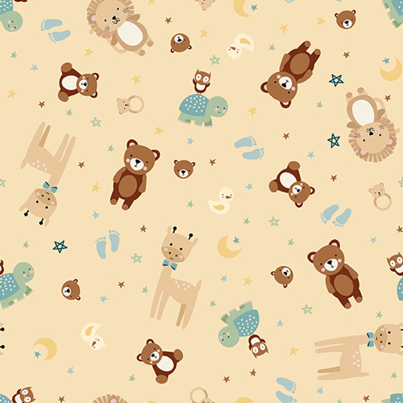 A pastel yellow fabric featuring tossed stylized animals, including teddy bears, lions, giraffes, turtles, duckies, and owls. 