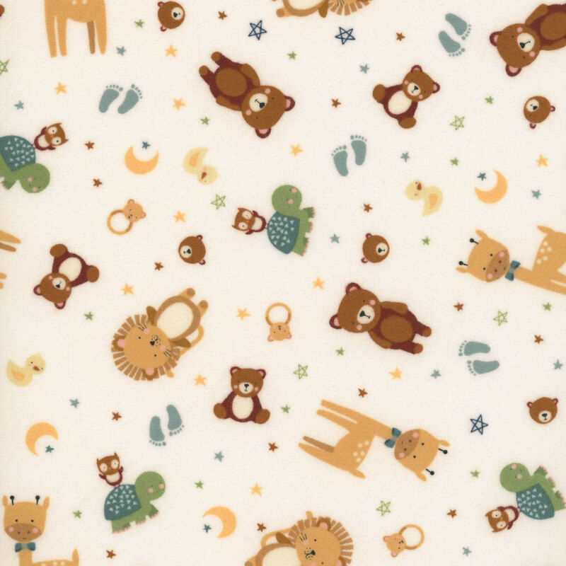 A white fabric featuring tossed stylized animals, including teddy bears, lions, giraffes, turtles, duckies, and owls. 