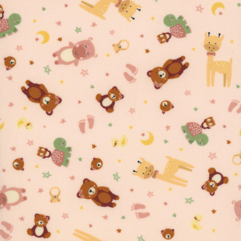 A baby pink fabric featuring tossed stylized animals, including teddy bears, hippos, giraffes, turtles, duckies, and owls. 