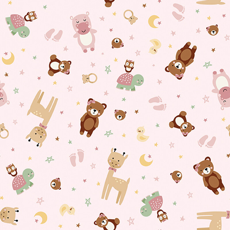 A baby pink fabric featuring tossed stylized animals, including teddy bears, hippos, giraffes, turtles, duckies, and owls. 