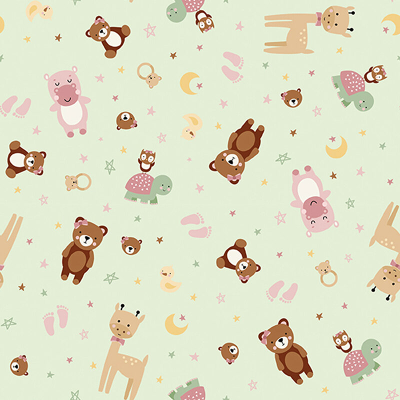 A pastel green fabric featuring tossed stylized animals, including teddy bears, hippos, giraffes, turtles, duckies, and owls. 