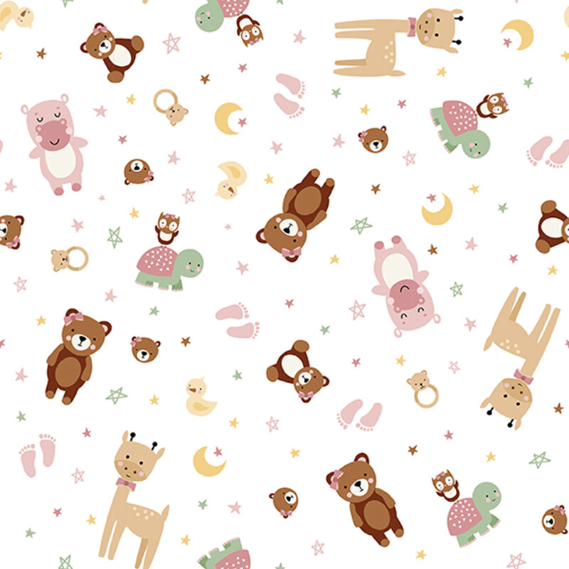 A white fabric featuring tossed stylized animals, including teddy bears, hippos, giraffes, turtles, duckies, and owls. 