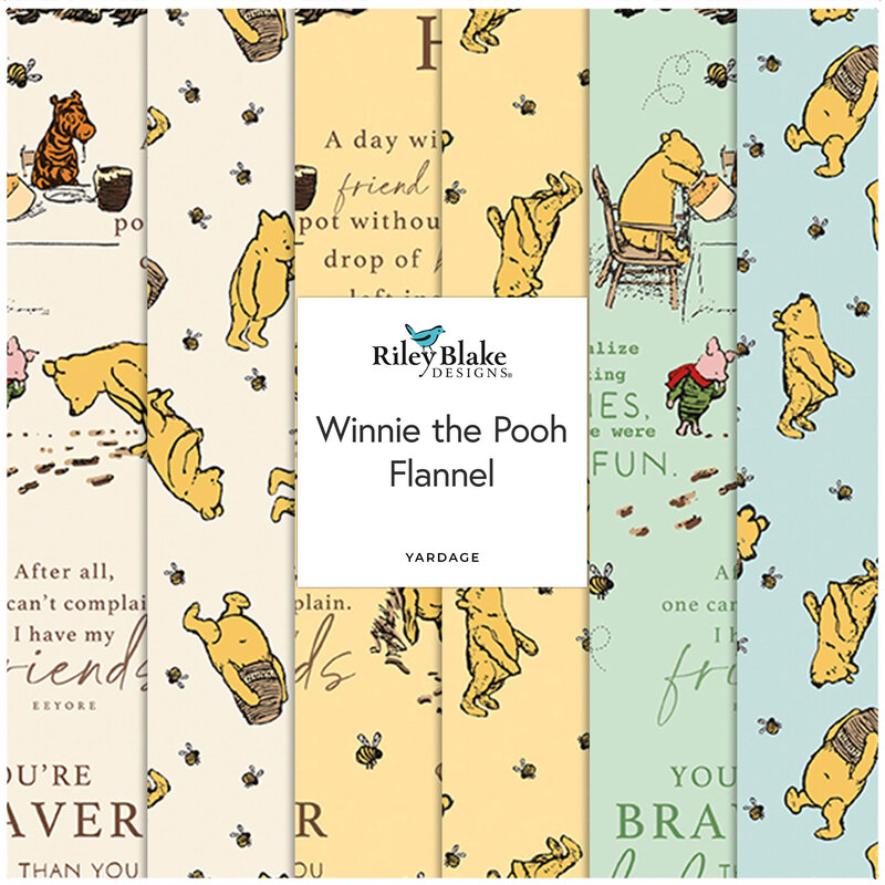 A collage of patterned fabrics featuring Winnie the Pooh designs in cream, yellow, green, and blue, with a central title label.