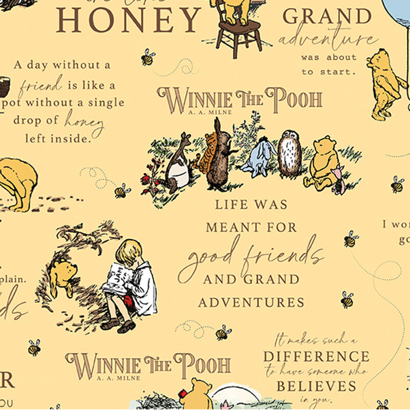 pale yellow flannel fabric featuring scenes and words from the Winnie the Pooh.