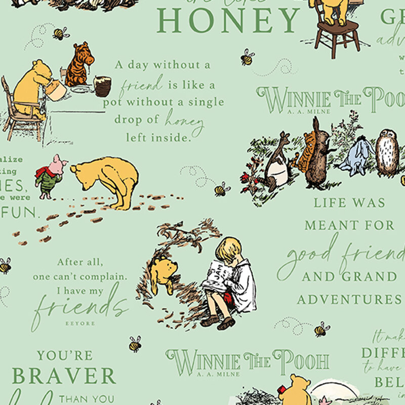 pale green flannel fabric featuring scenes and words from the Winnie the Pooh.