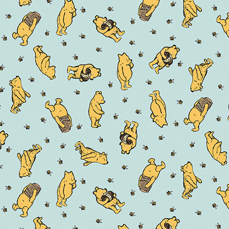 pale aqua flannel fabric tossed with Winnie the Pooh with a jar of honey surrounded by bees.