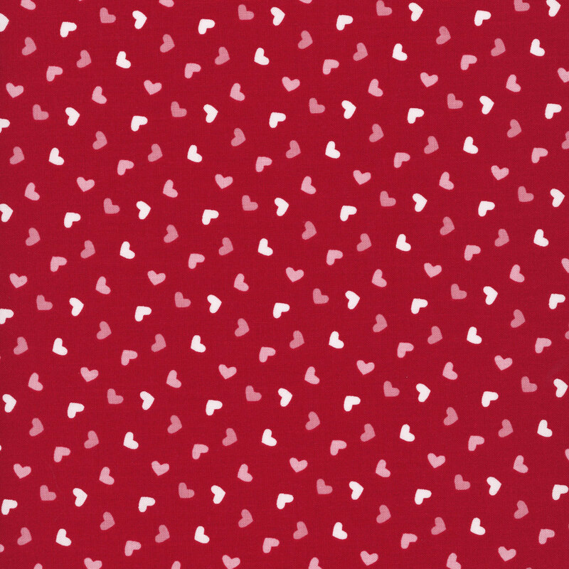 crimson red fabric with a pattern of pink and white hearts