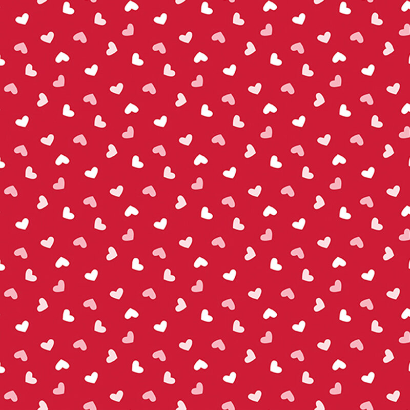crimson red fabric with a ditsy pattern of pink and white hearts