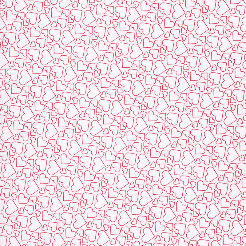 snow white fabric with pink heart outlines in various sizes