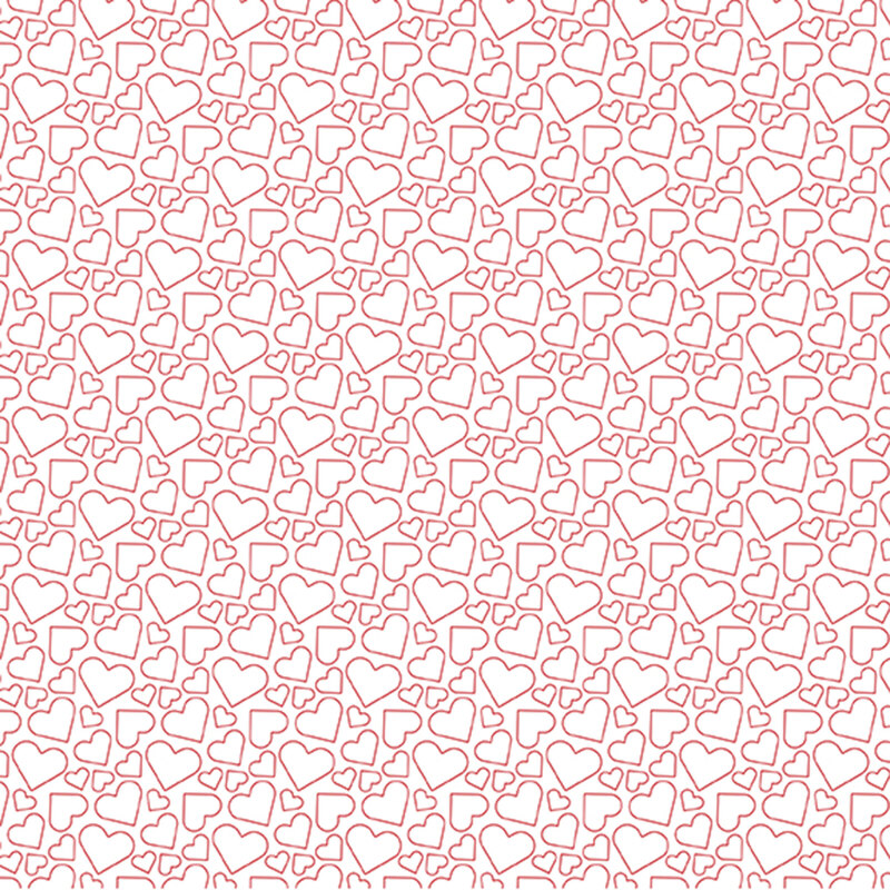 snow white fabric with pink heart outlines in various sizes