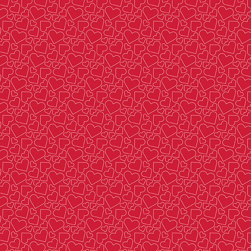 crimson red fabric with pink heart outlines in various sizes