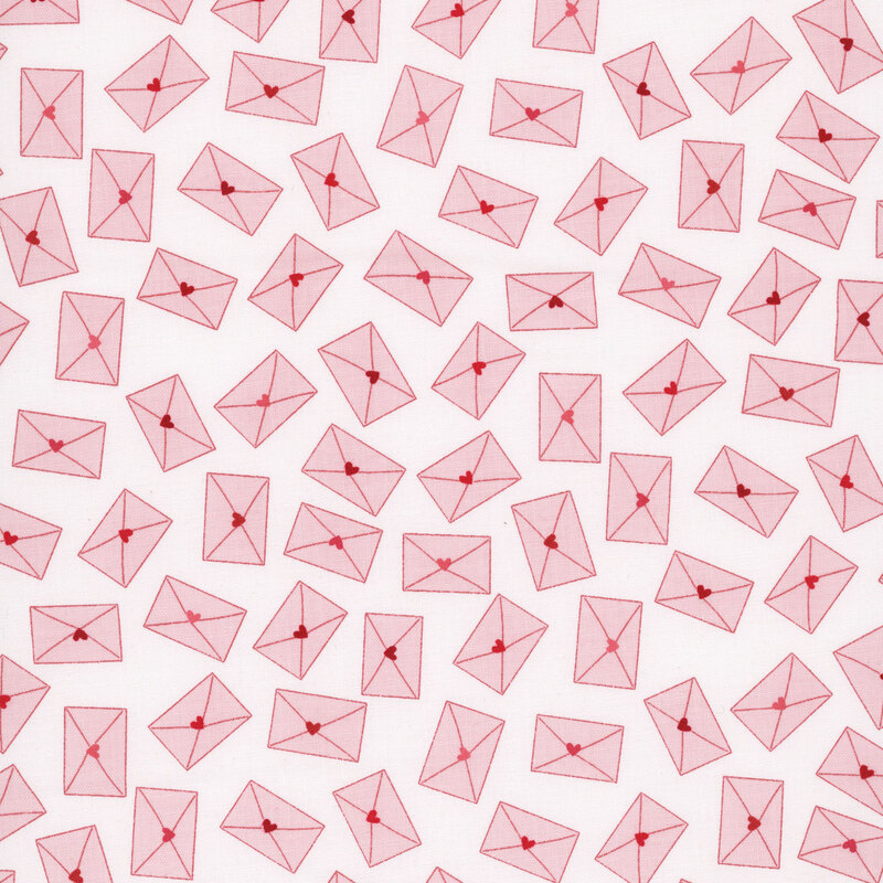 snow white fabric featuring scattered light pink envelopes sealed with dark red, crimson, and pink hearts.