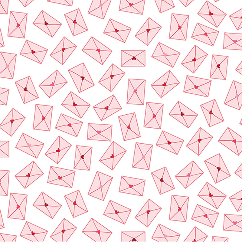 snow white fabric featuring scattered light pink envelopes sealed with dark red, crimson, and pink hearts.