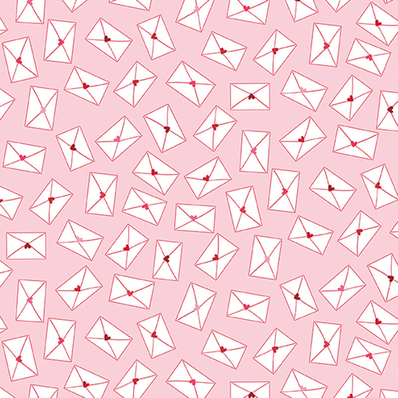 light pink fabric featuring scattered white envelopes sealed with dark red, crimson, and pink hearts.