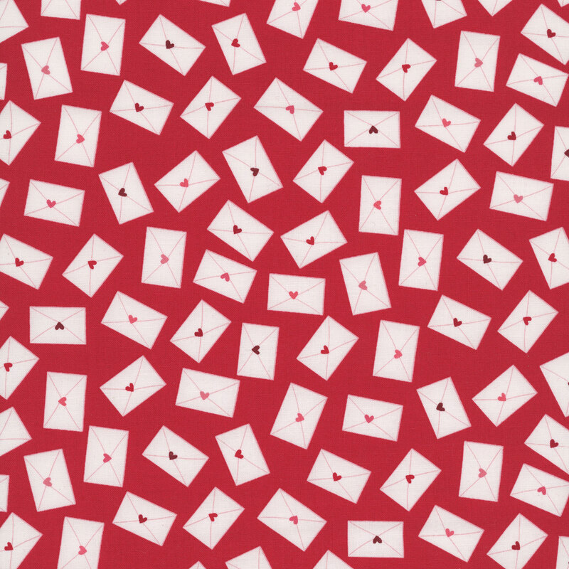 crimson red fabric featuring scattered white envelopes sealed with dark red, crimson, and pink hearts.