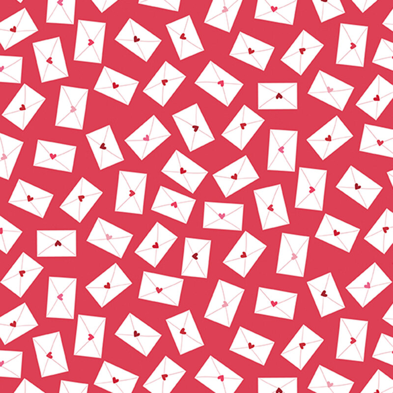 crimson red fabric featuring scattered white envelopes sealed with dark red, crimson, and pink hearts.