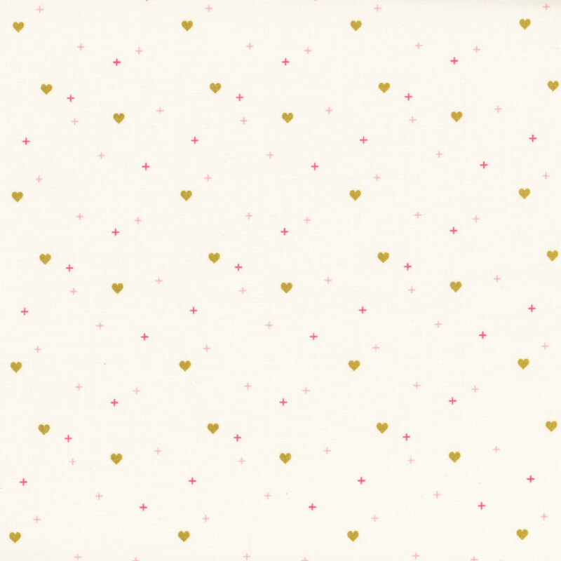 gold hearts scattered with red and pink crosses on light cream fabric