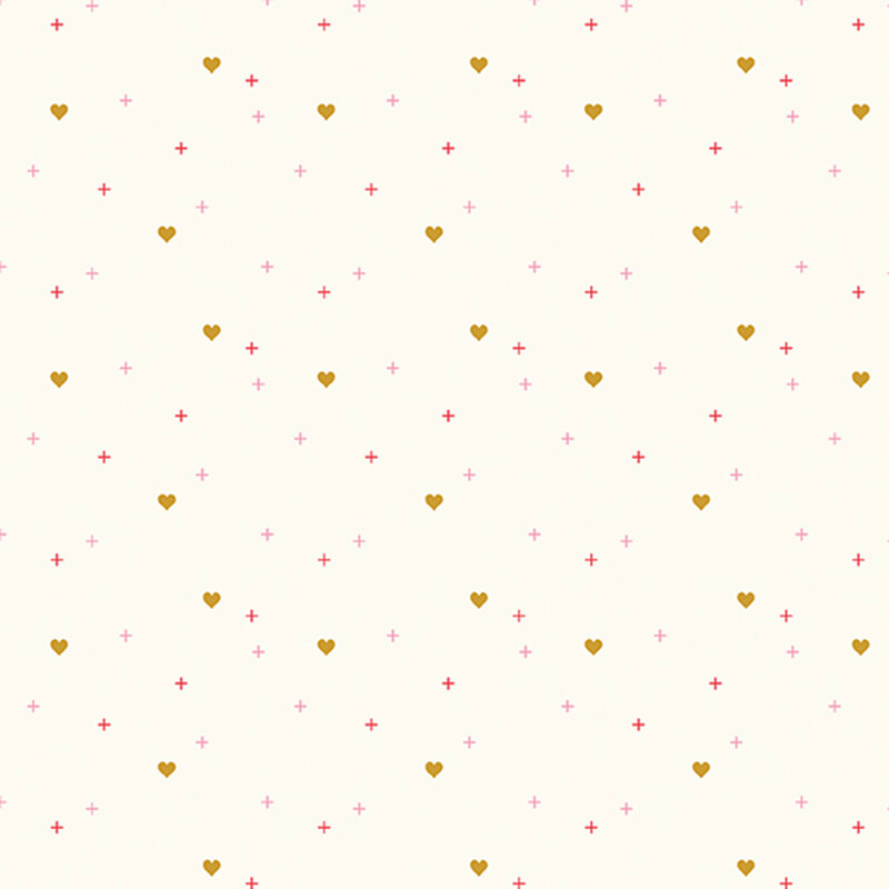 gold hearts scattered with red and pink crosses on light cream fabric
