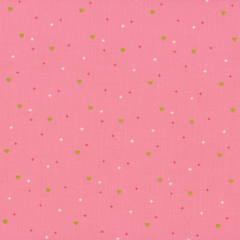 gold hearts scattered with red and white crosses on rose pink fabric
