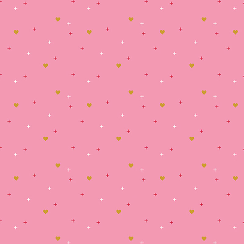 gold hearts scattered with red and white crosses on rose pink fabric