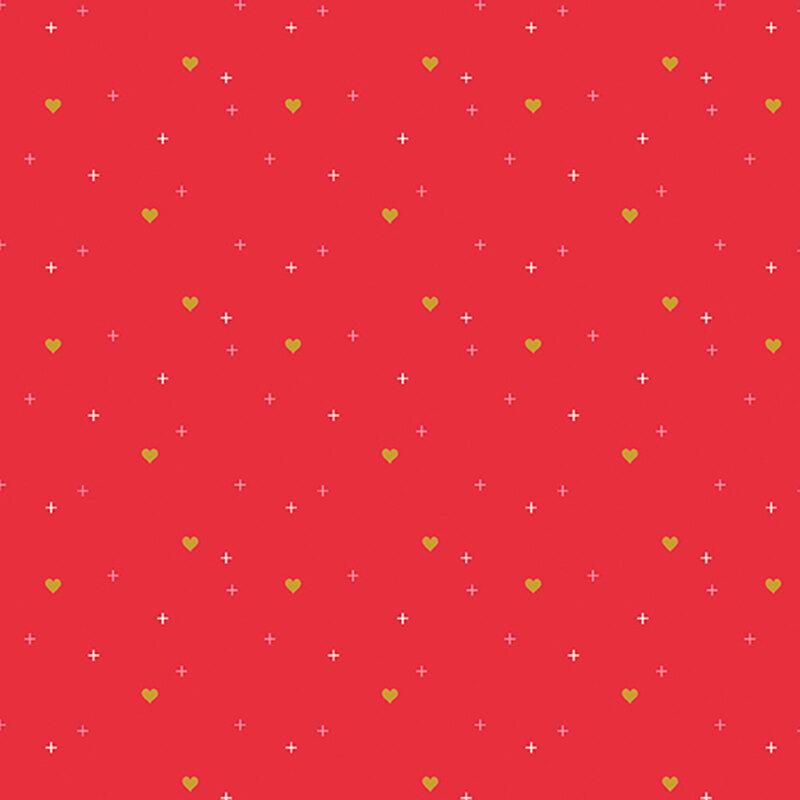 gold hearts scattered with white and pink crosses on bright red fabric