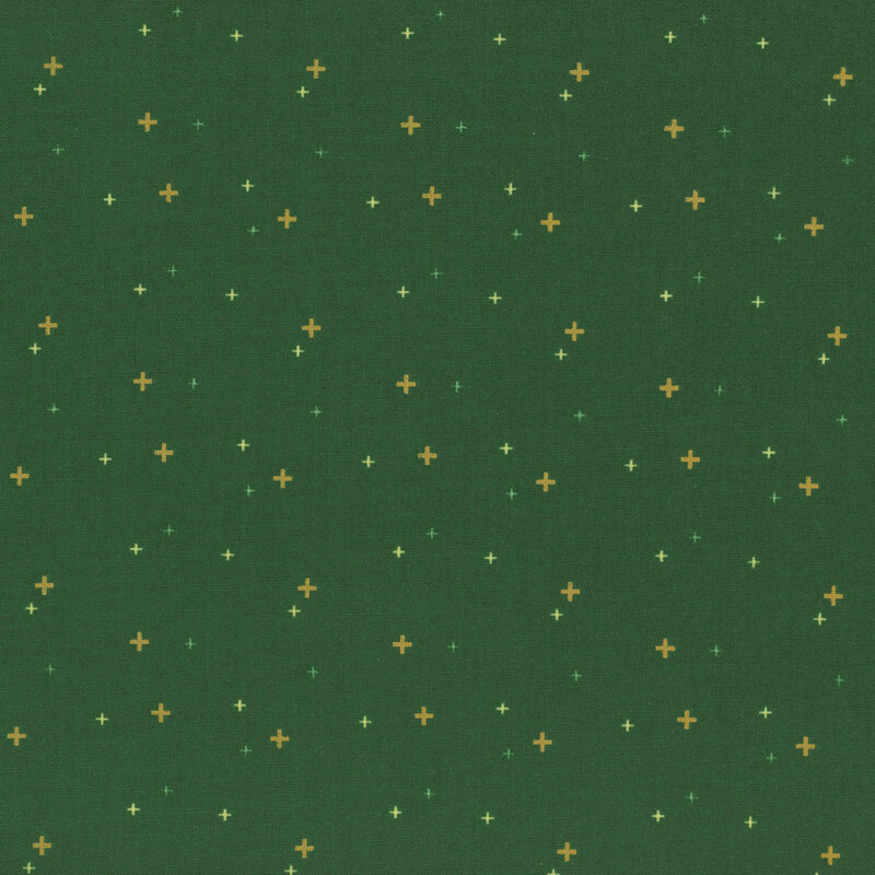 gold crosses scattered with light and medium green crosses on dark green fabric