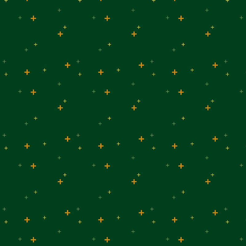 gold crosses scattered with light and medium green crosses on dark green fabric