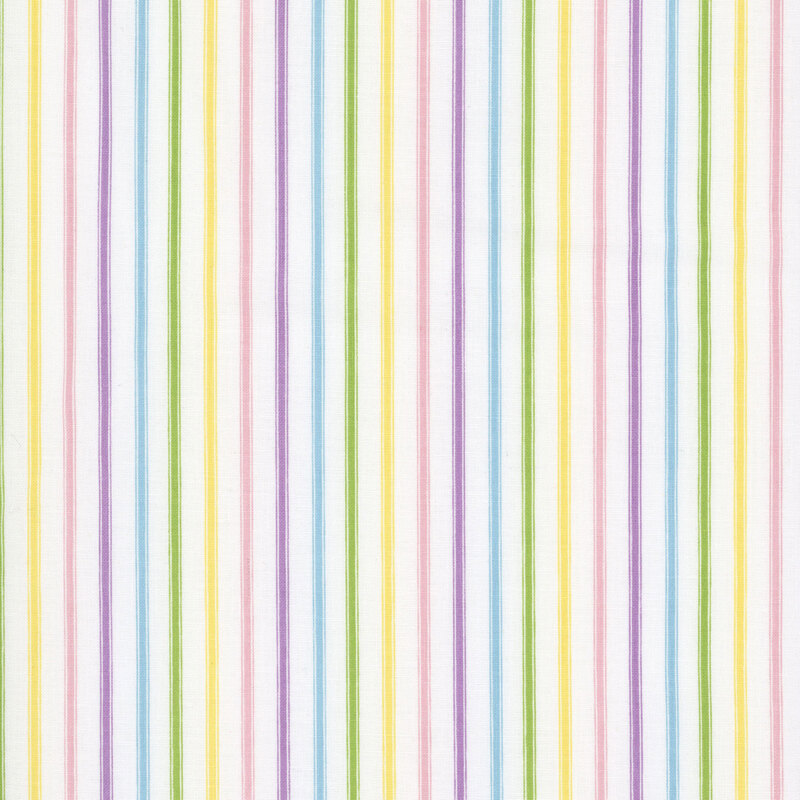 White fabric featuring alternating pink, yellow, green, blue, and purple stripes