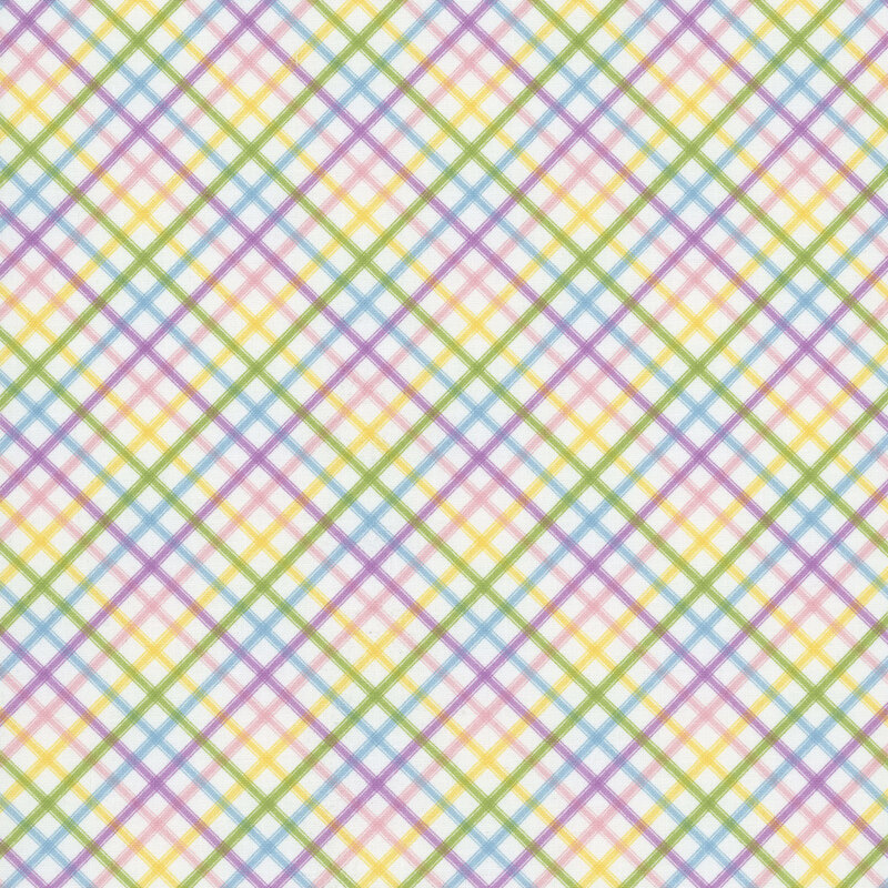 White fabric featuring alternating a pink, yellow, green, blue, and purple gingham pattern