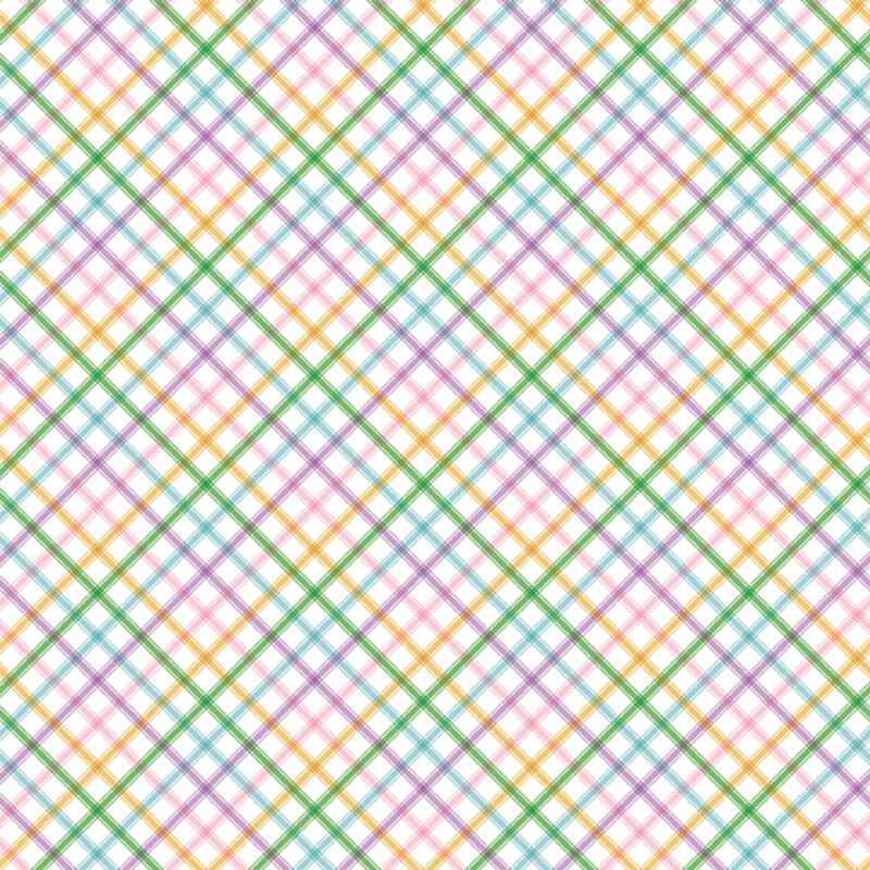 bright white fabric featuring alternating a pink, yellow, green, blue, and purple gingham pattern