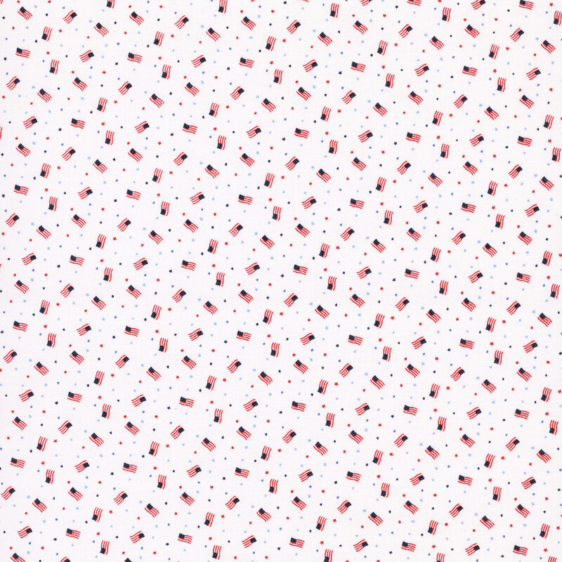 white fabric fabric tossed with American flags and small red and blue stars