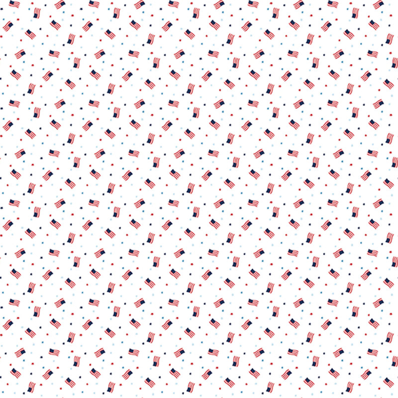 white fabric fabric tossed with American flags and small red and blue stars