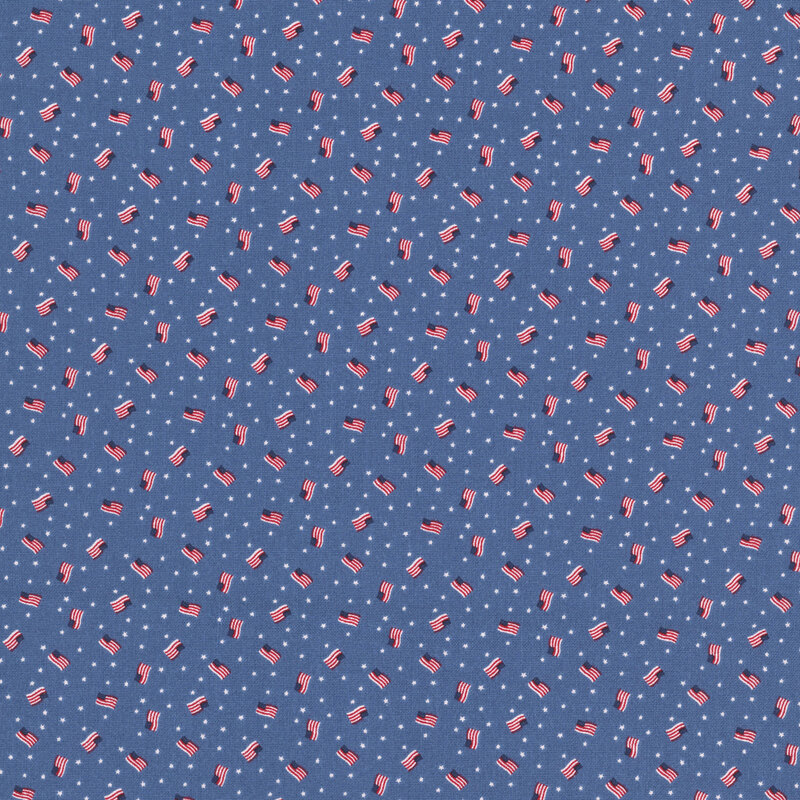 denim blue fabric tossed with American flags and small white stars