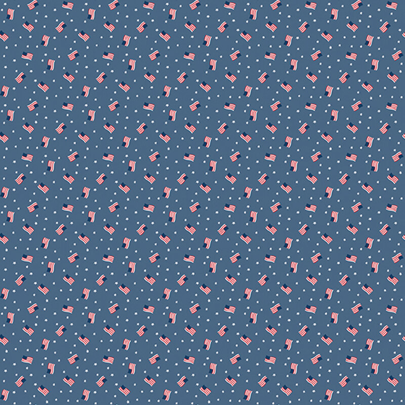 denim blue fabric tossed with American flags and small white stars