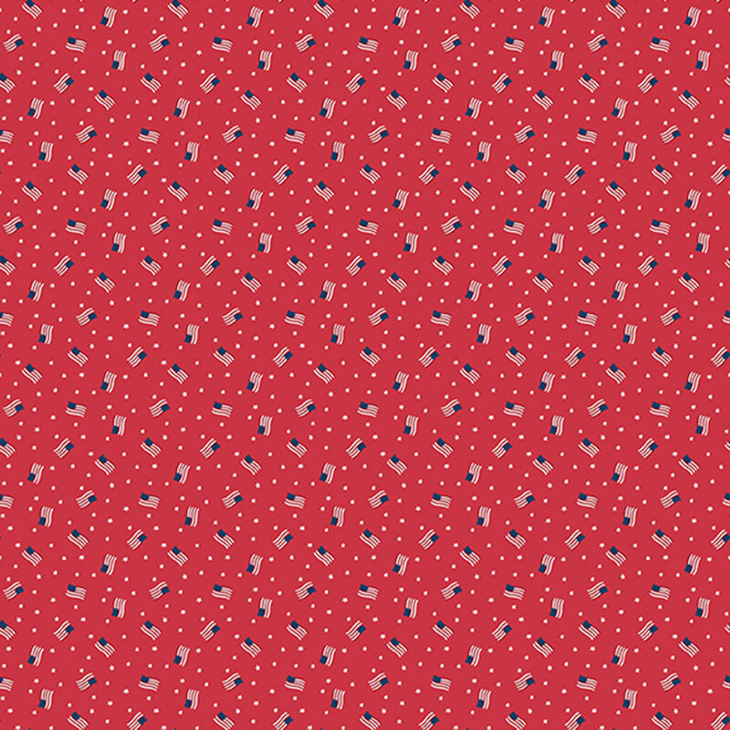 cherry red fabric tossed with American flags and small white stars